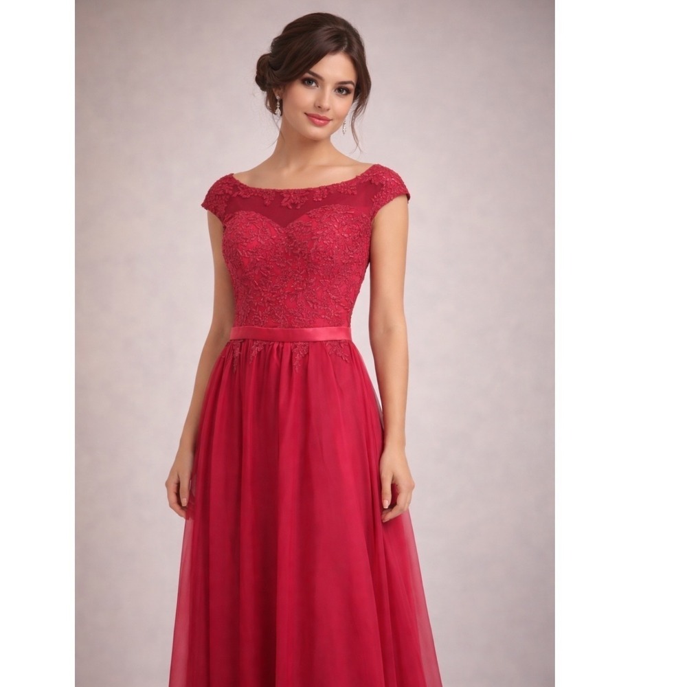 Elegant Lace Cap Sleeve Full Length Evening Gown Hot‎ Pink Formal Dress